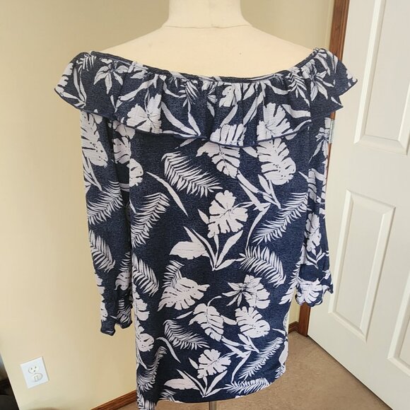 VAMP, Off-Shoulder Top, Navy & White, Palm Leaves, 3/4 sleeves, Ruffle, Large - Picture 2 of 7